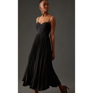 ANTHROPOLOGIE | $180 Sweetheart Bodice Pleated Midi Dress in Black, Size Small
